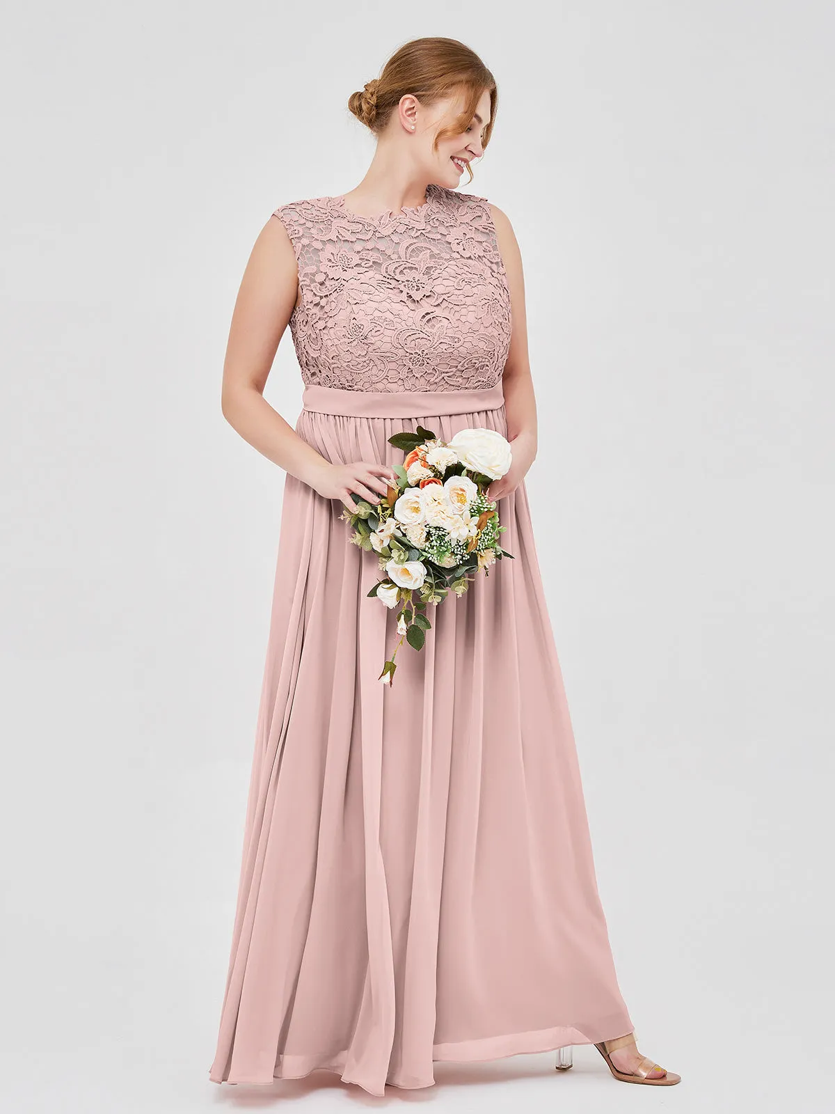 Illusion Neck Chiffon and Lace Dresses Dusty Rose