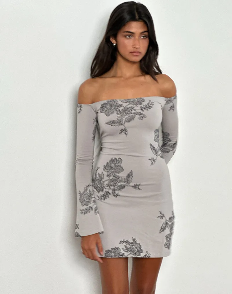 Kausar Off Shoulder Mini Dress in Lace Flower Grey