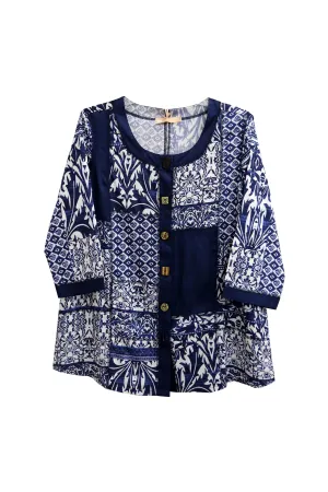 La Cera Plus Size Navy Mosaic Tile Print Top