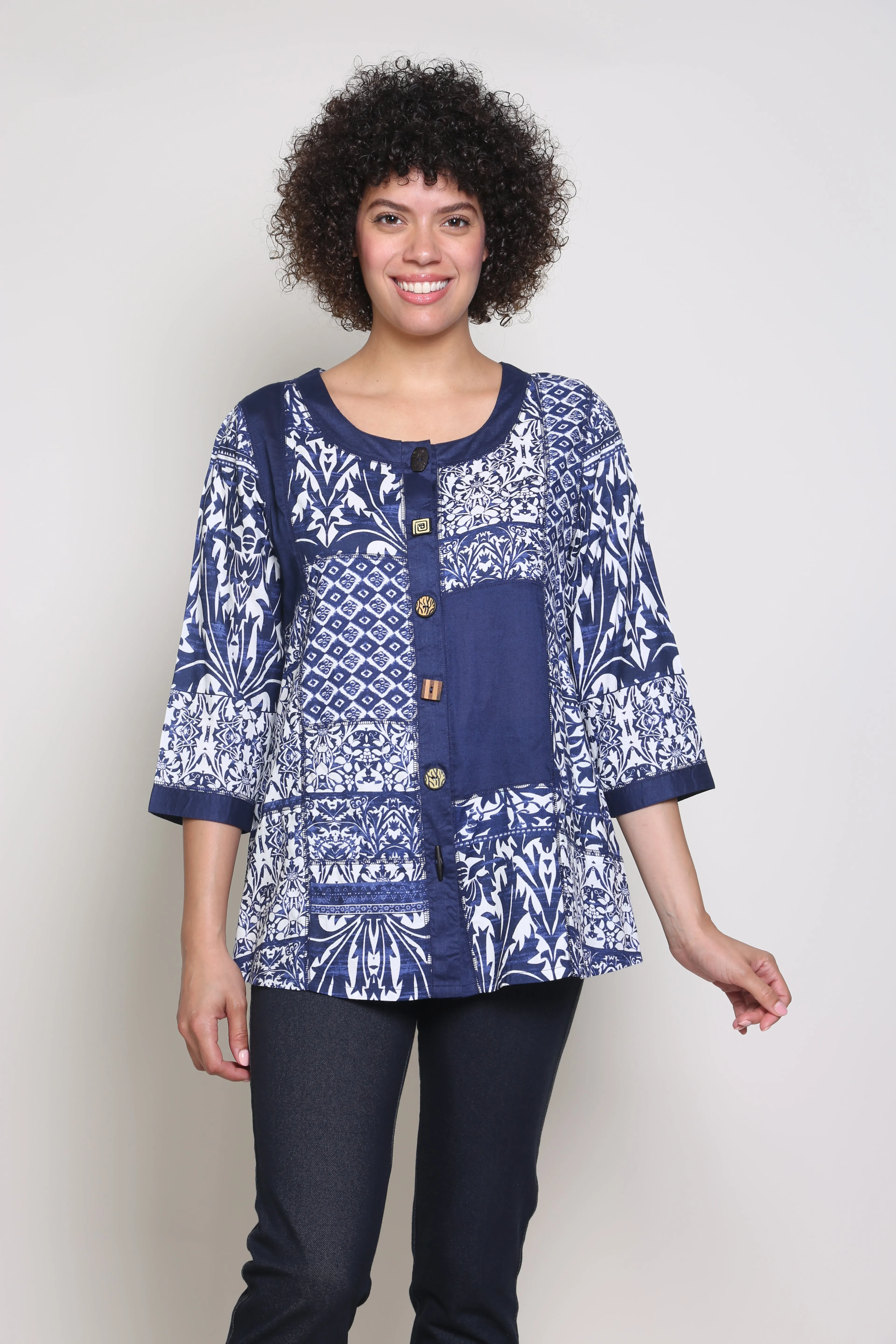 La Cera Plus Size Navy Mosaic Tile Print Top