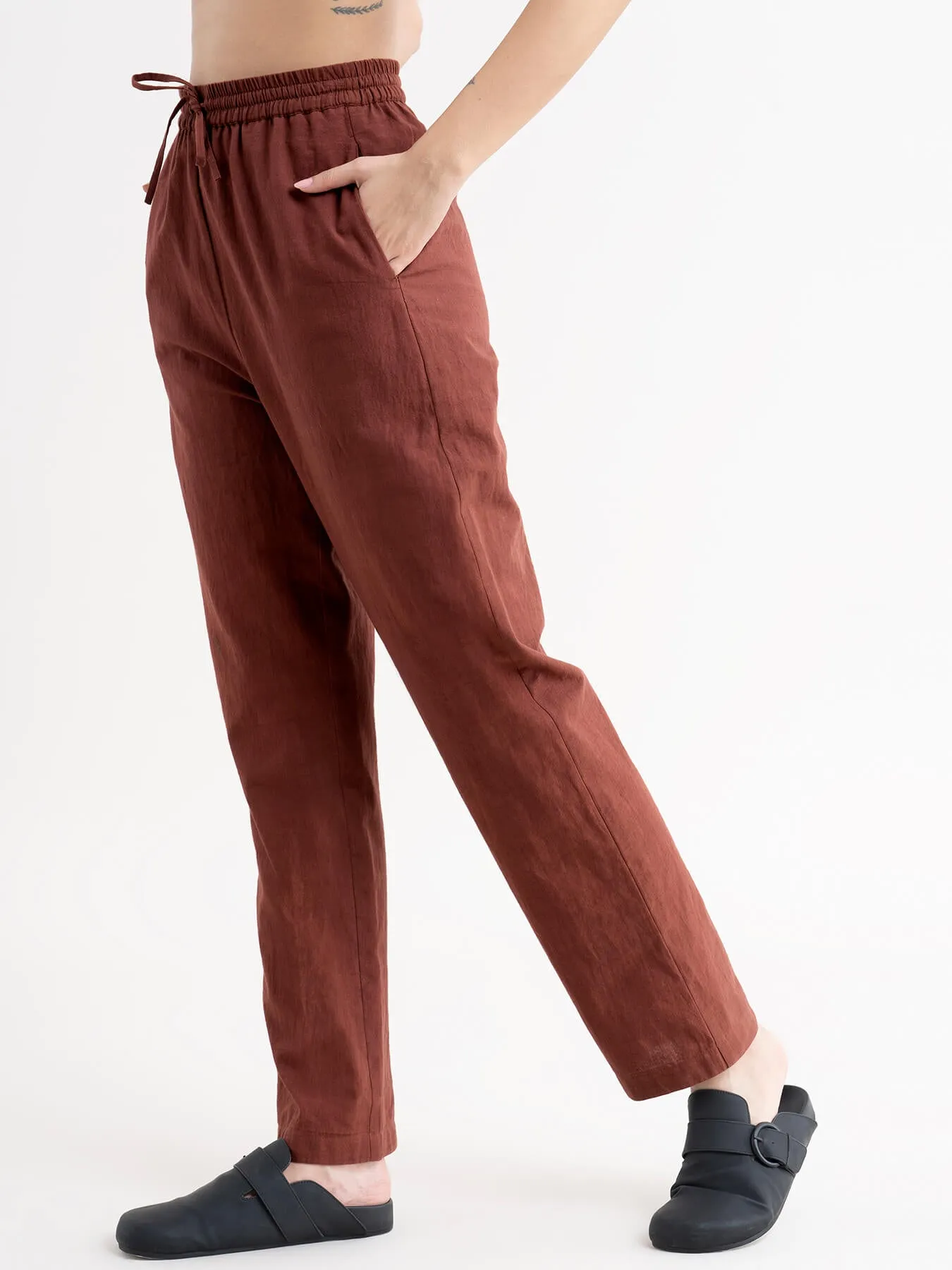 Linen Drawstring Trousers - Brown