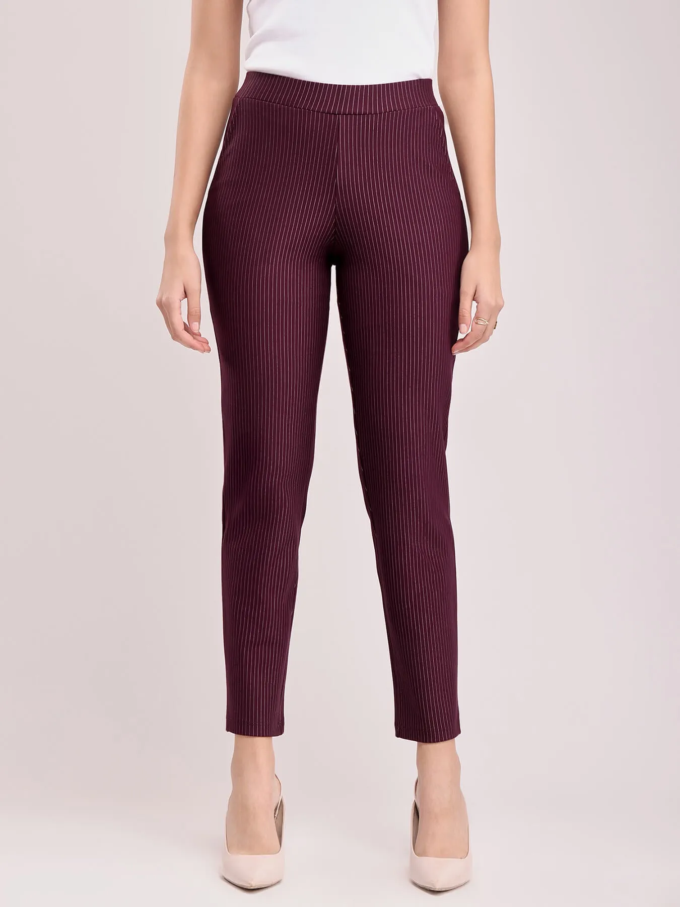 LivIn Striped Straight Pants - Maroon