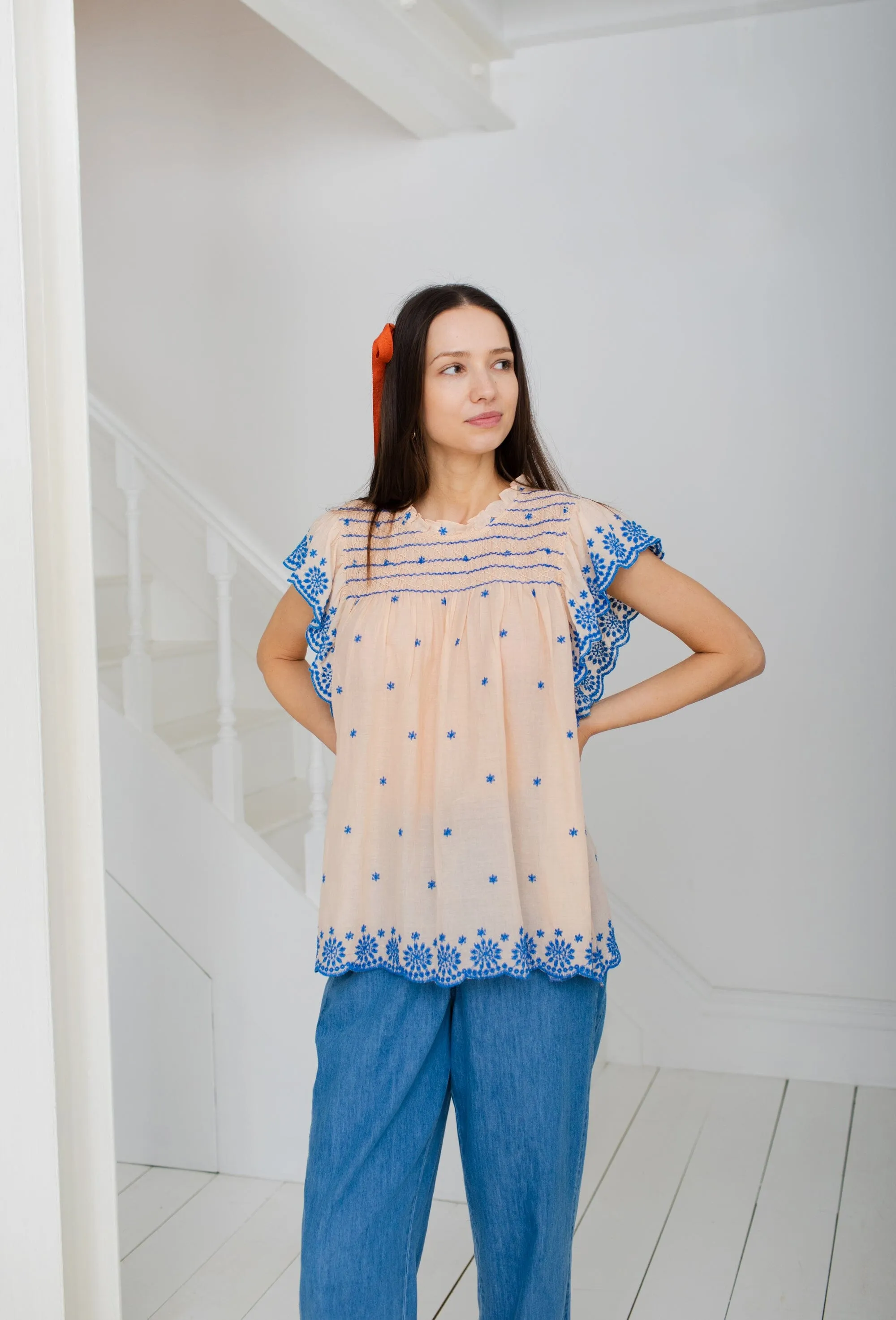 Marcel Frill Sleeve Border Embroidered Top | BONTE