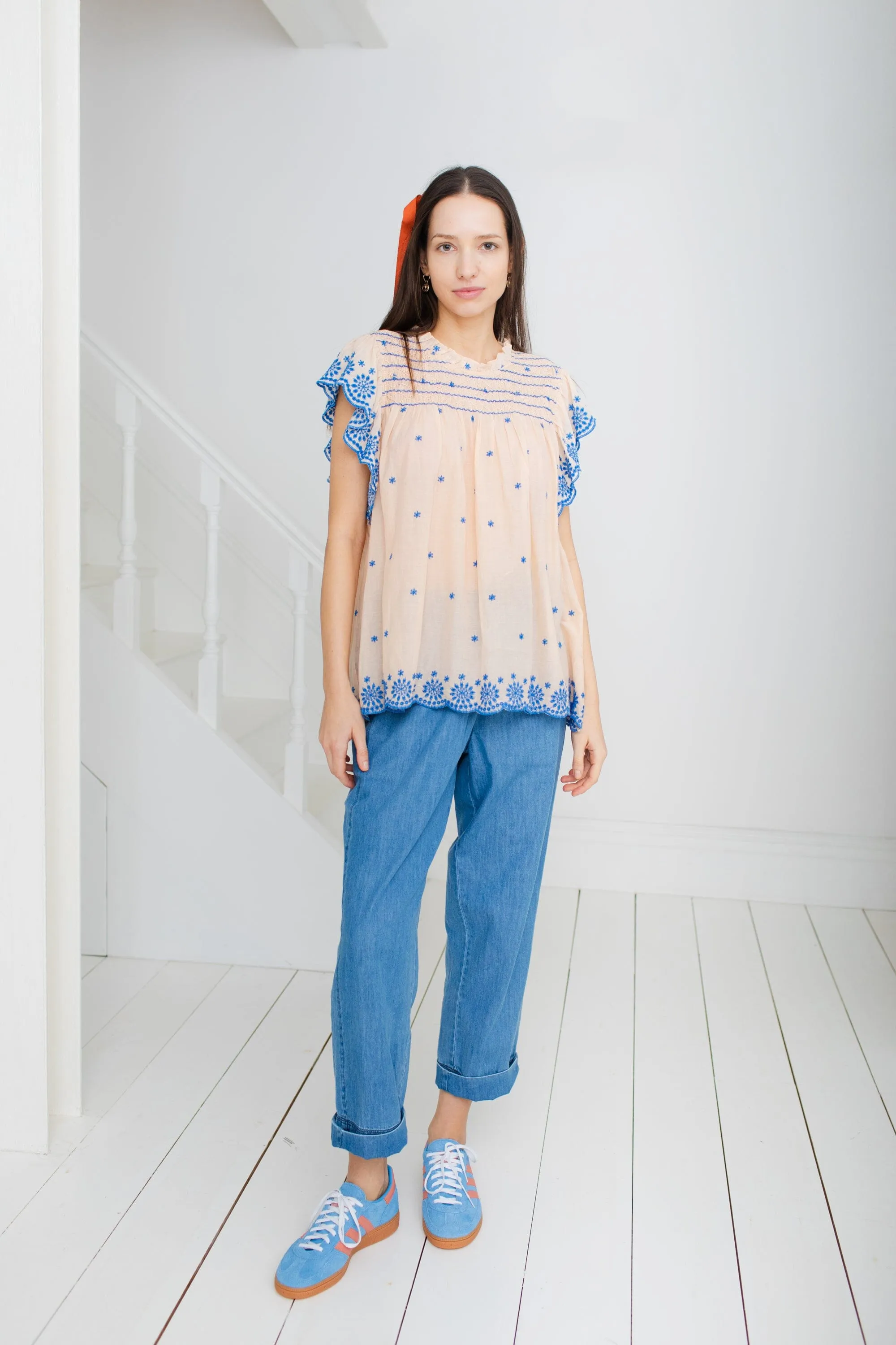 Marcel Frill Sleeve Border Embroidered Top | BONTE