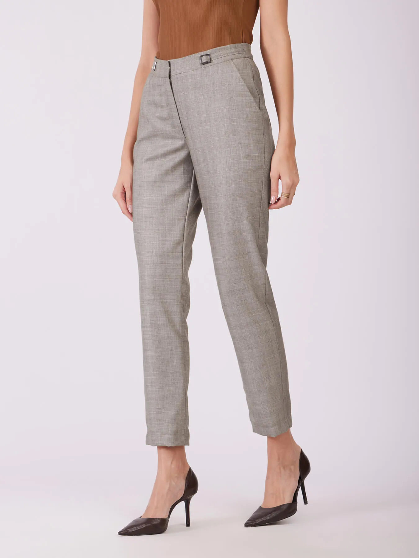 Metal Buckle Straight Fit Trousers - Beige