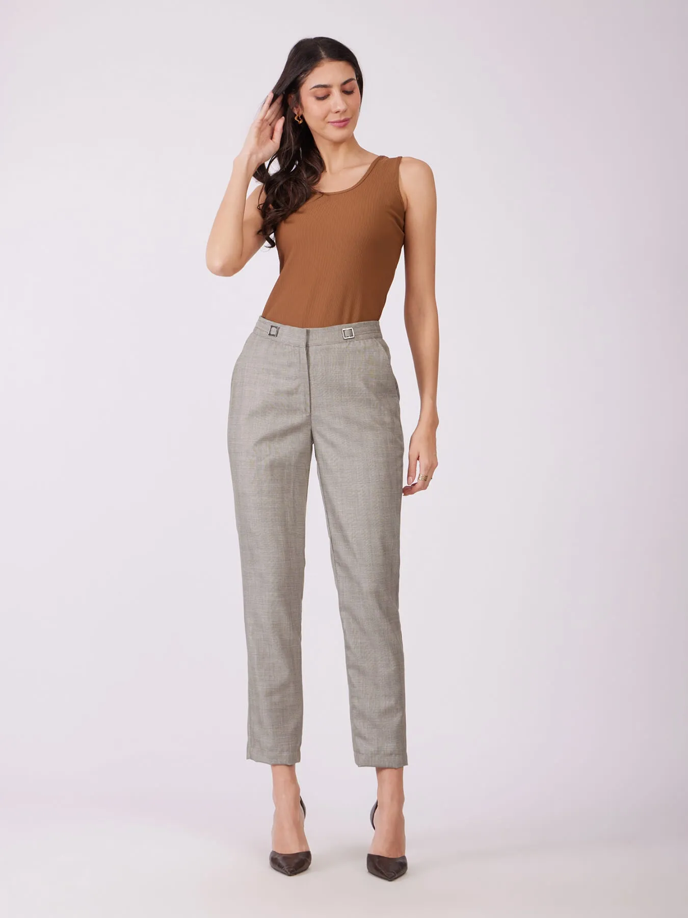 Metal Buckle Straight Fit Trousers - Beige