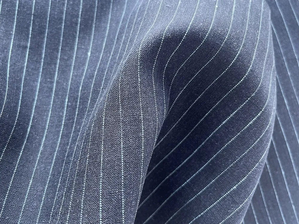 Mid-Weight Dapper Baby Blue Pinstripe on Black Linen (Made in Poland)