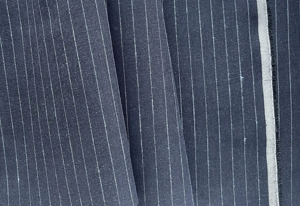 Mid-Weight Dapper Baby Blue Pinstripe on Black Linen (Made in Poland)