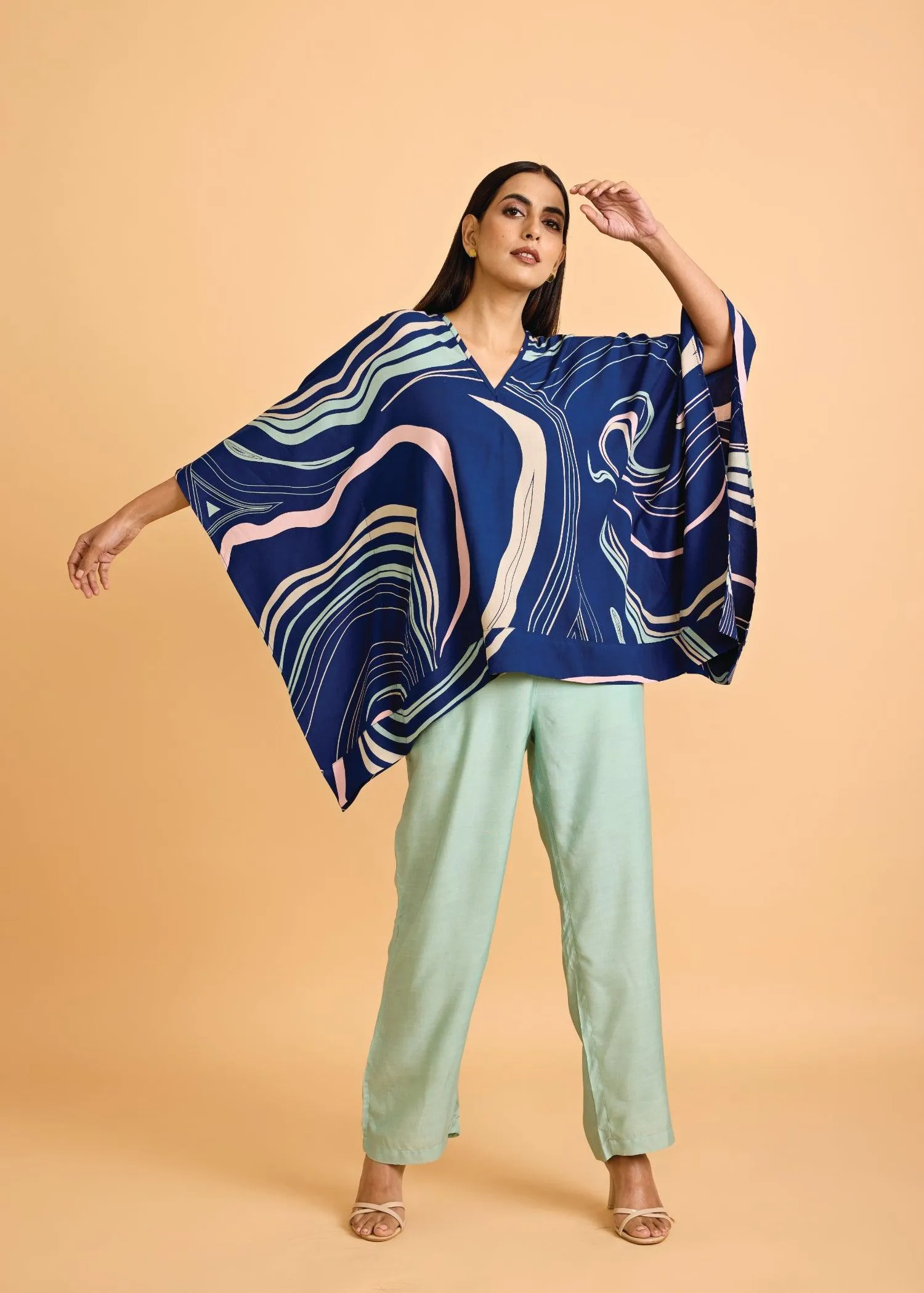 Midnight Blue & Mint Loose Viscose V- Neck Kaftan