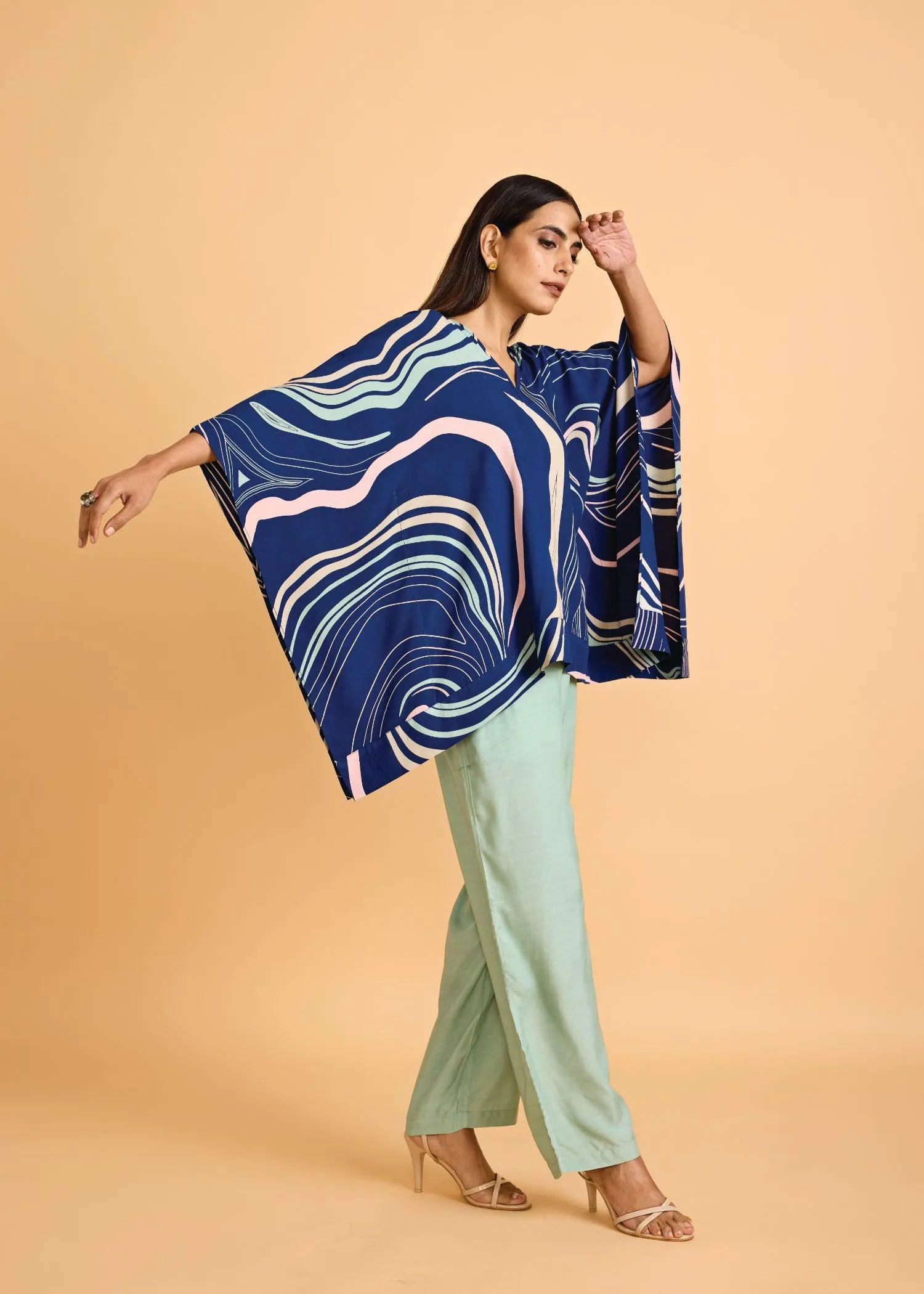 Midnight Blue & Mint Loose Viscose V- Neck Kaftan