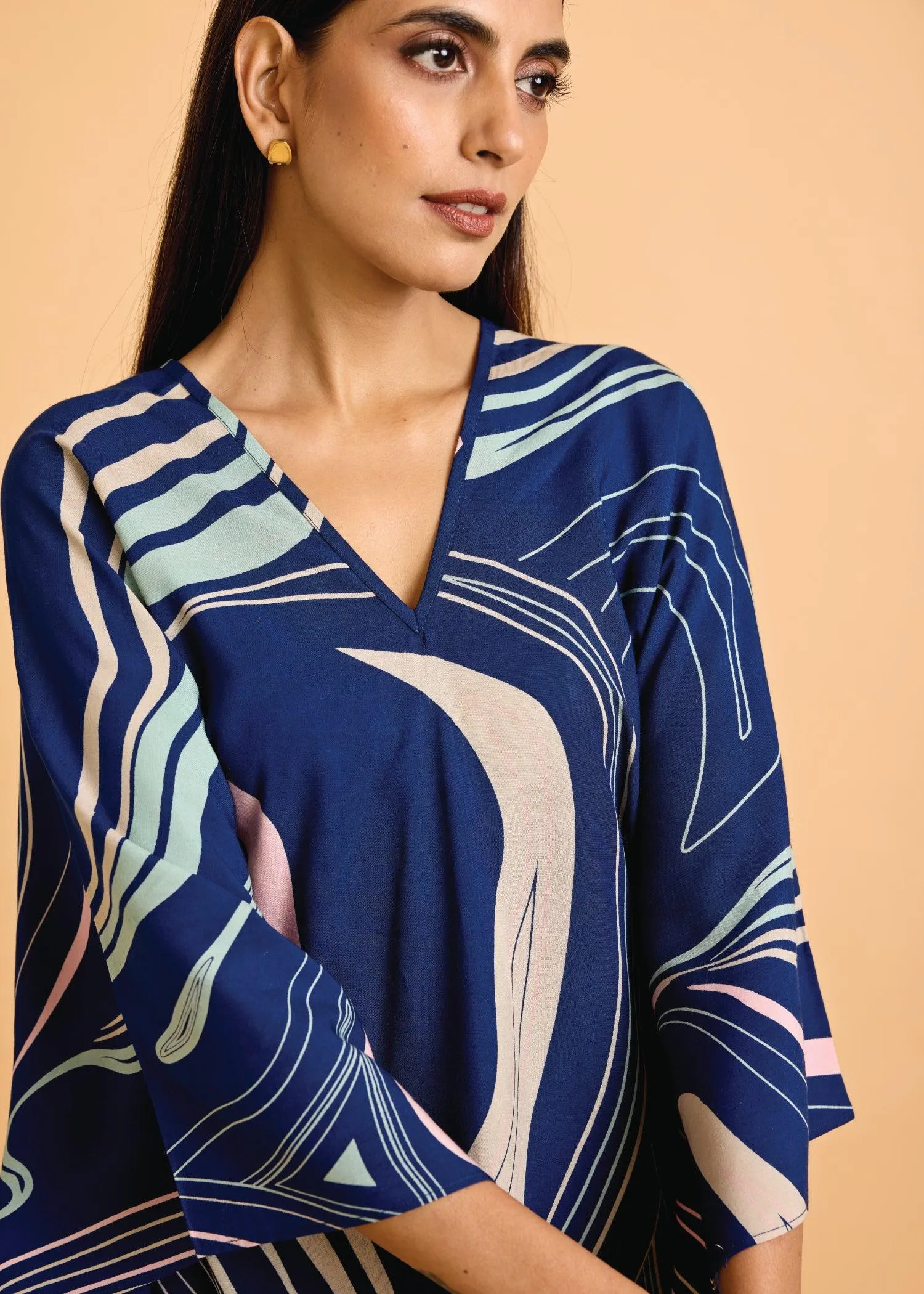 Midnight Blue & Mint Loose Viscose V- Neck Kaftan