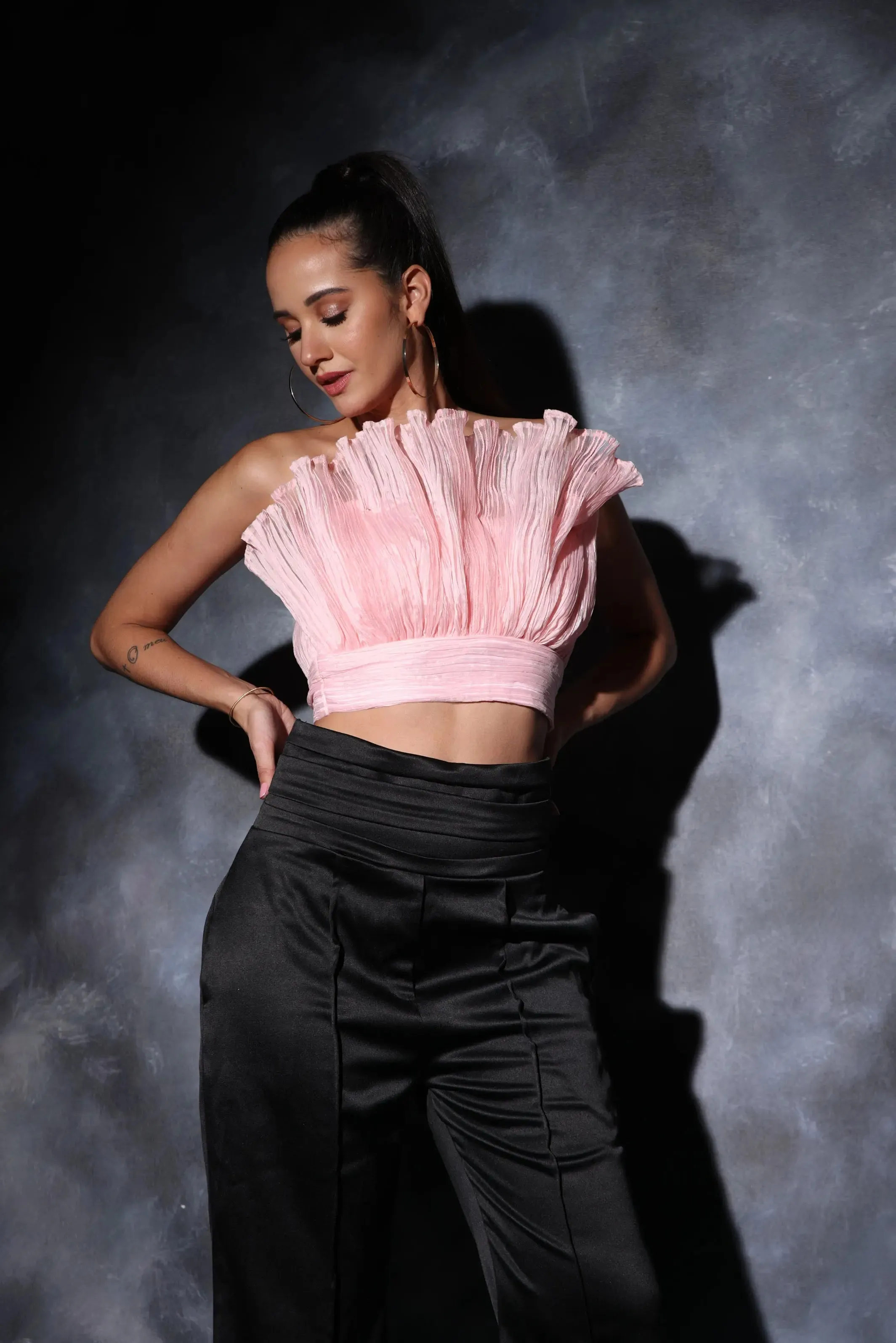 Off shoulder top with a stretchable trousers co-ords