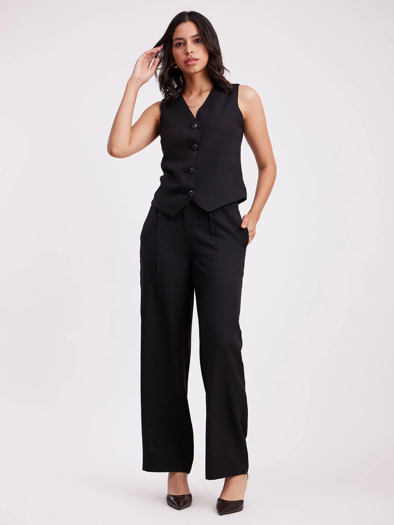 Pleated Wide Leg Trousers - Black