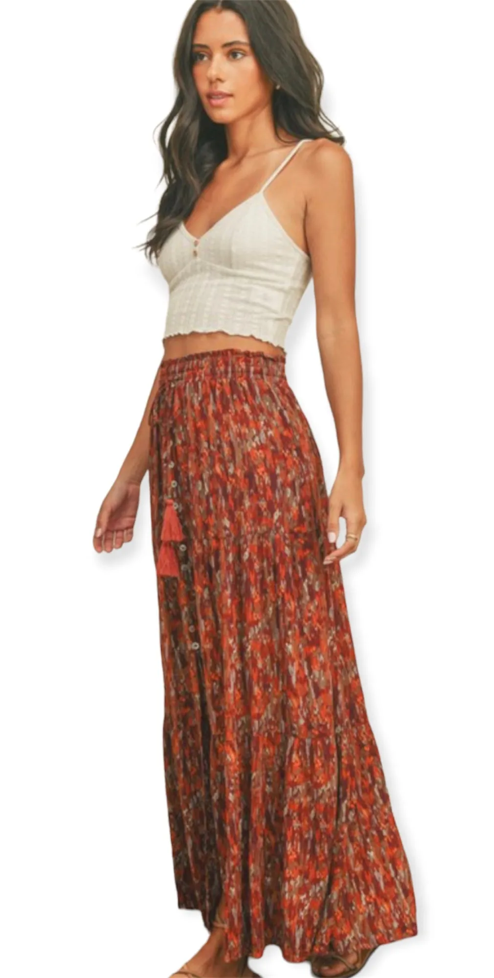 Rust/Olive Ethnic Print Maxi Skirt