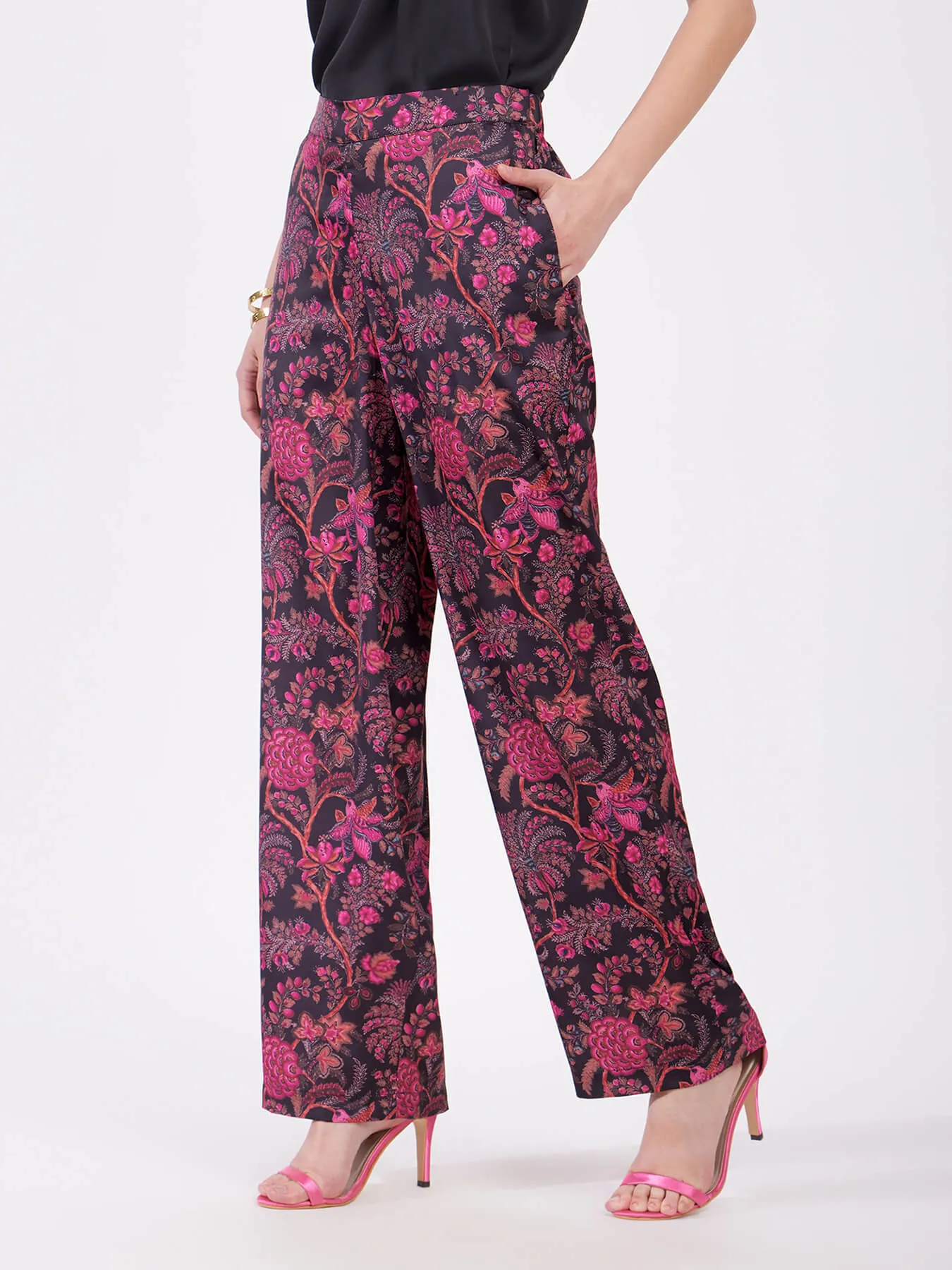 Satin Floral Print Trousers - Pink And Black