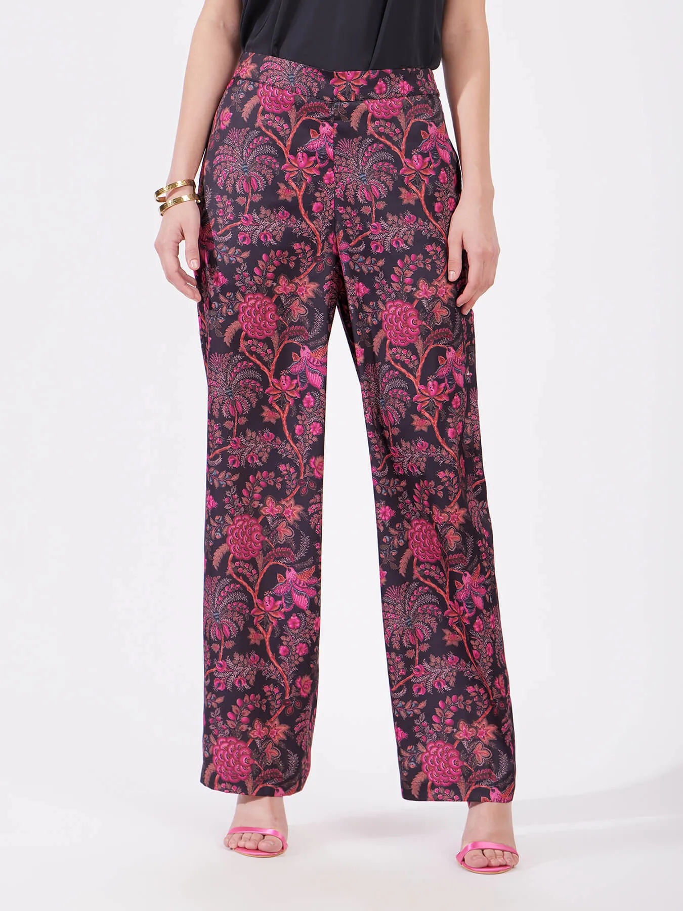 Satin Floral Print Trousers - Pink And Black