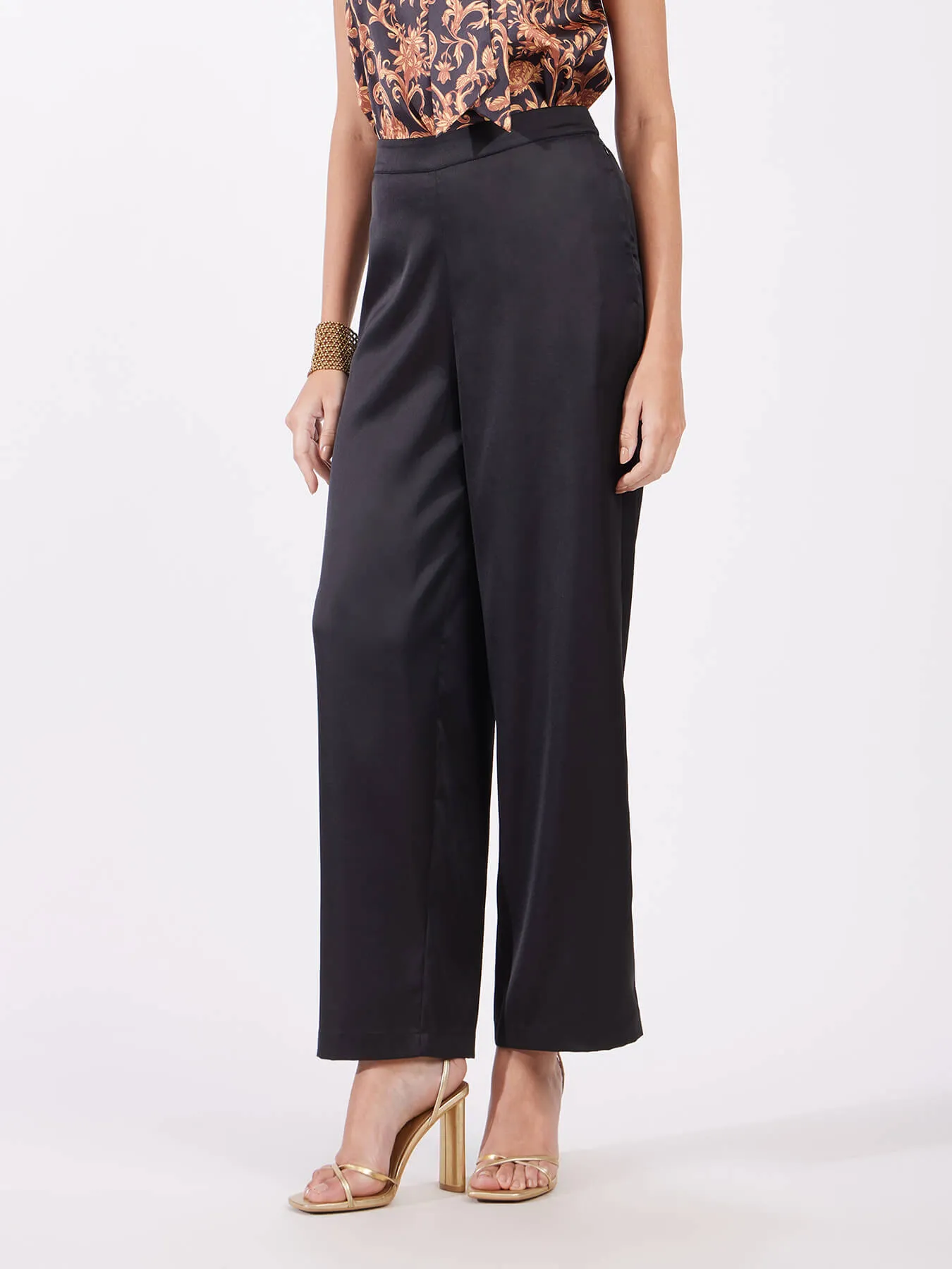 Satin Wide Leg Trousers - Black