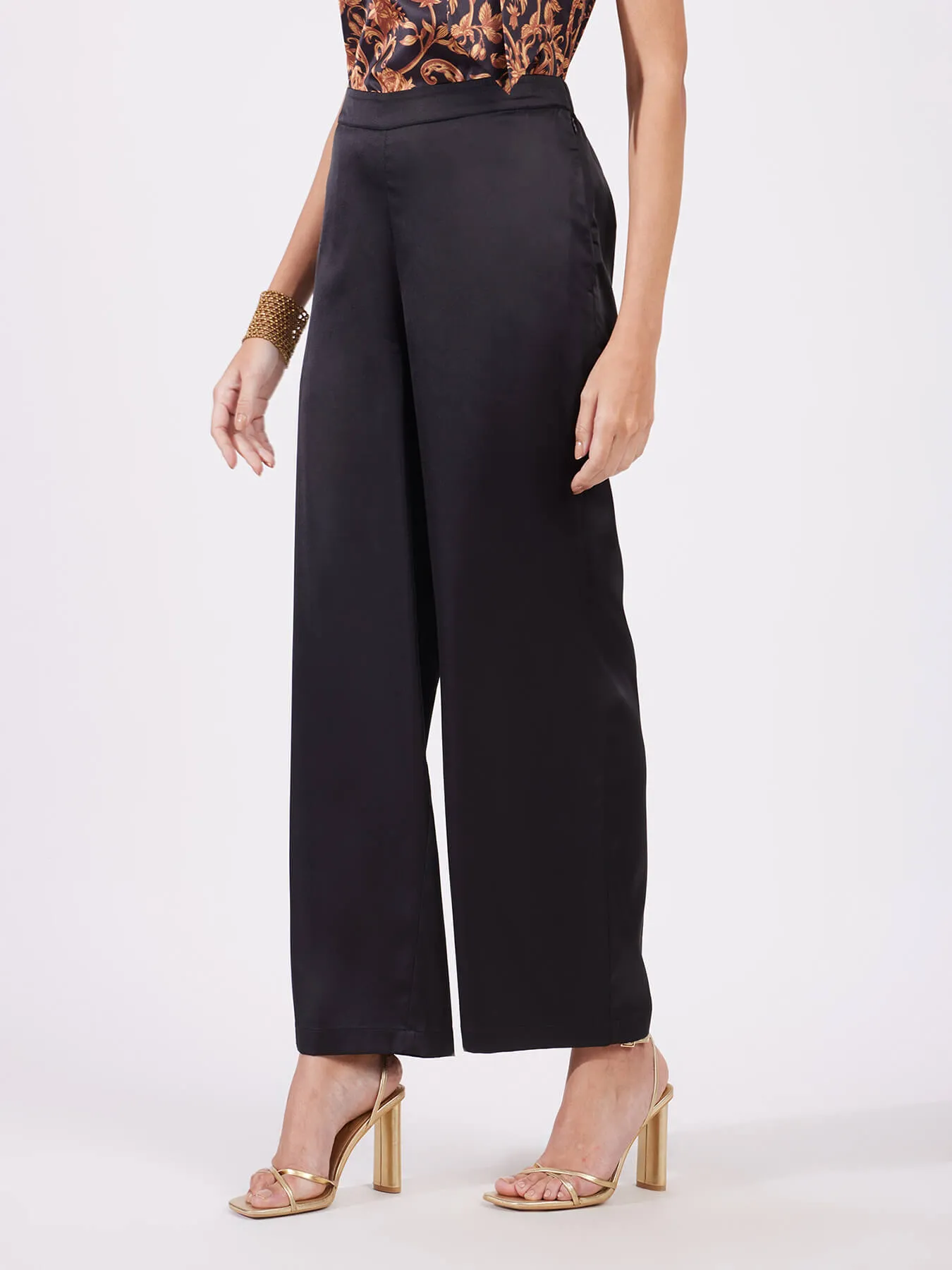 Satin Wide Leg Trousers - Black