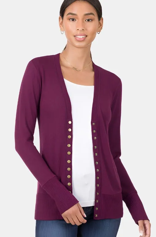 Snap Button Sweater Cardigan with Ribbed Detail