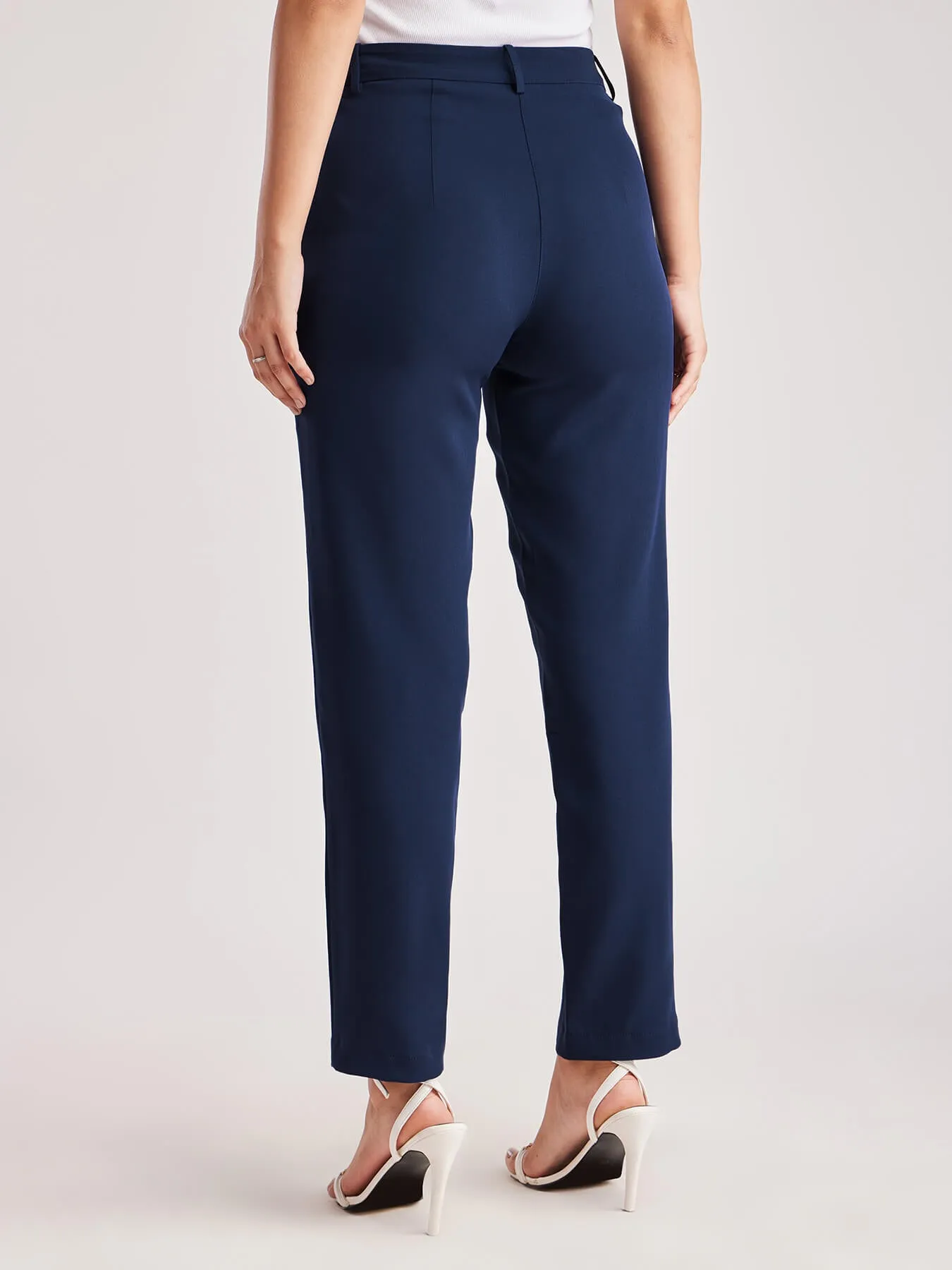 Straight Fit Solid Trousers - Navy Blue