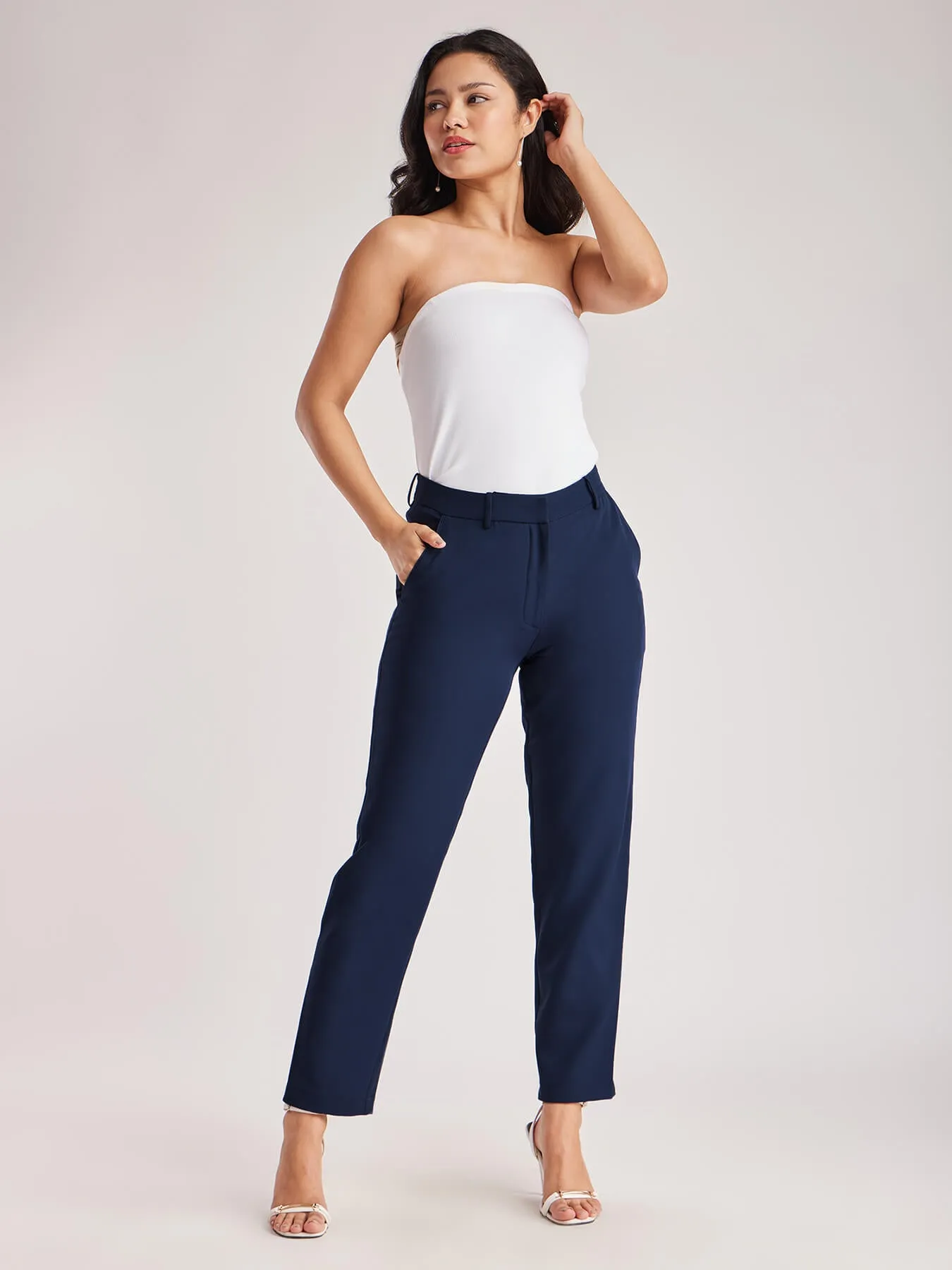 Straight Fit Solid Trousers - Navy Blue