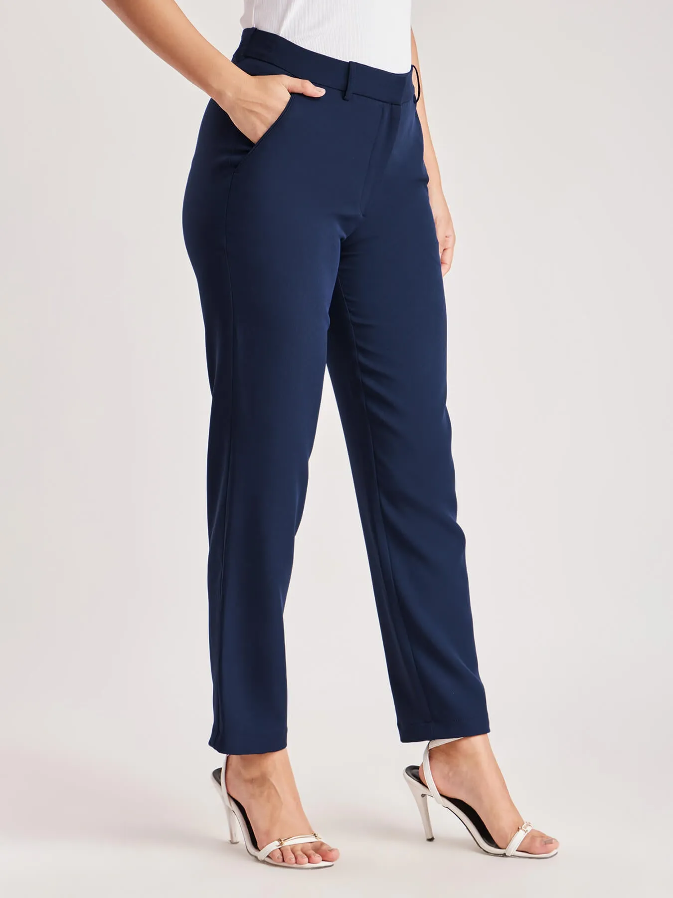 Straight Fit Solid Trousers - Navy Blue