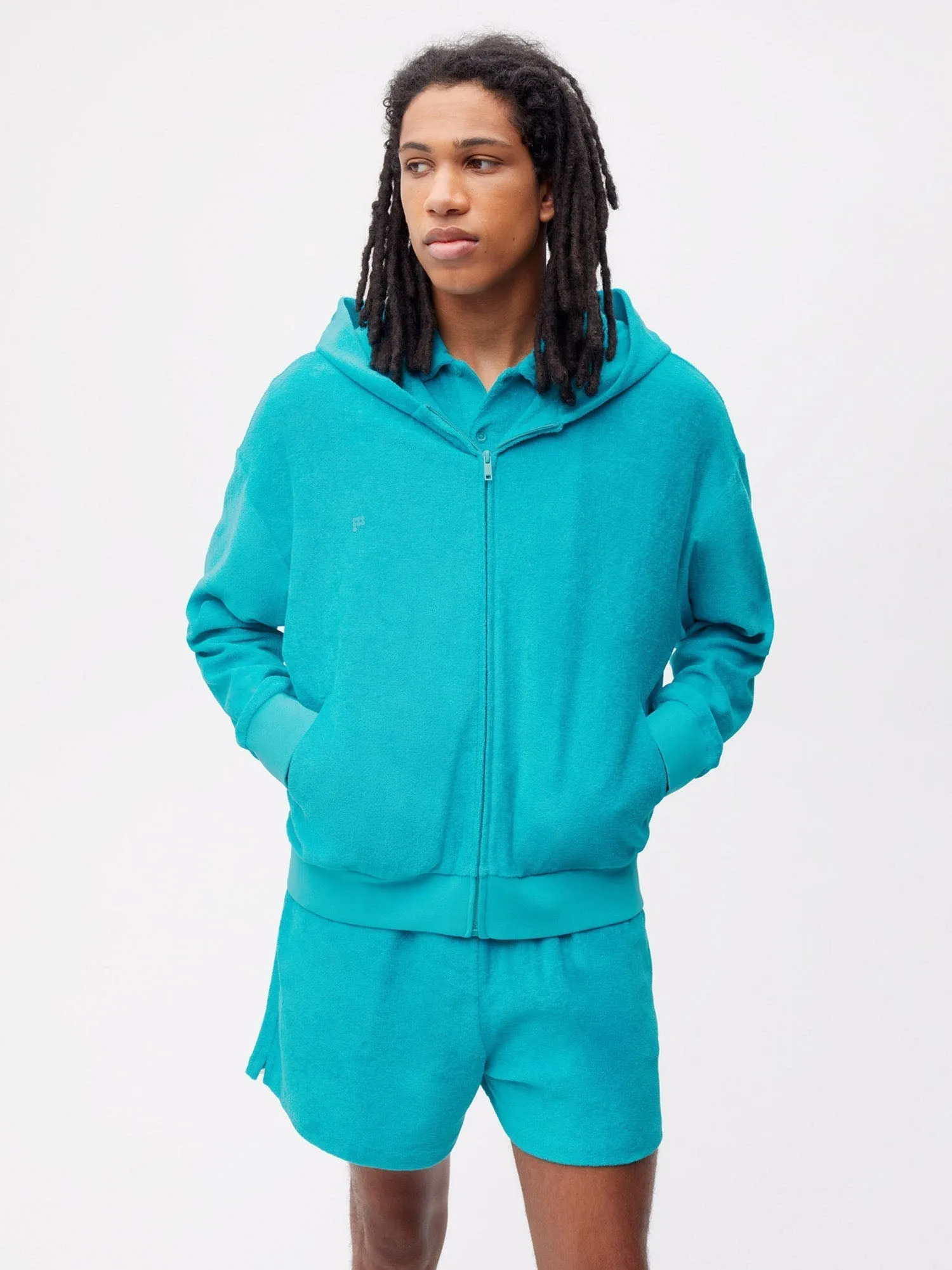 Towelling Zipped Hoodie—peacock blue