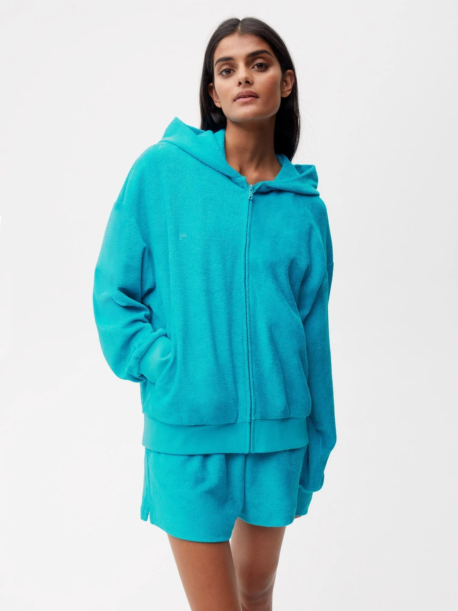 Towelling Zipped Hoodie—peacock blue