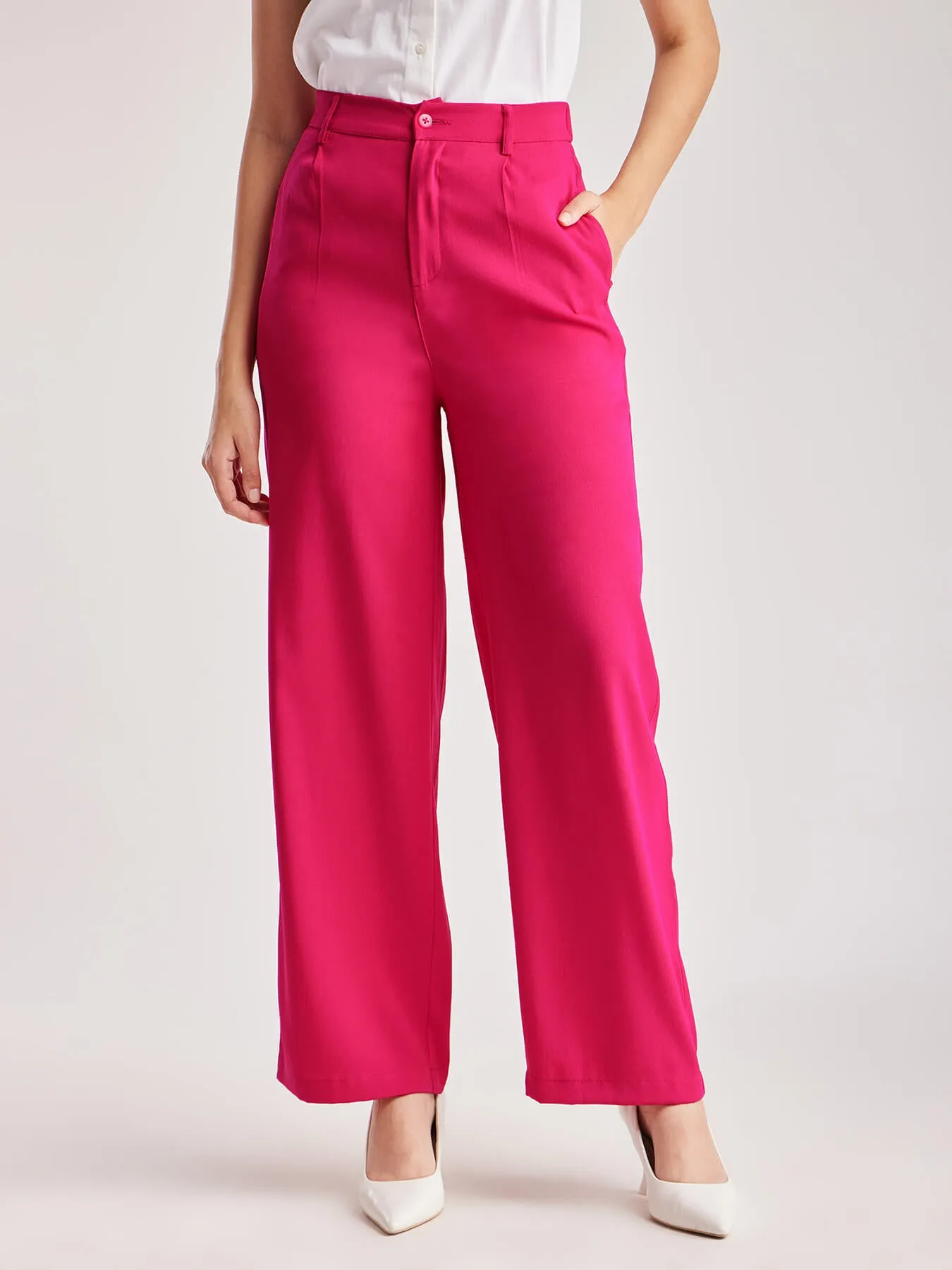 Wide Leg High Rise Trousers - Fuchsia