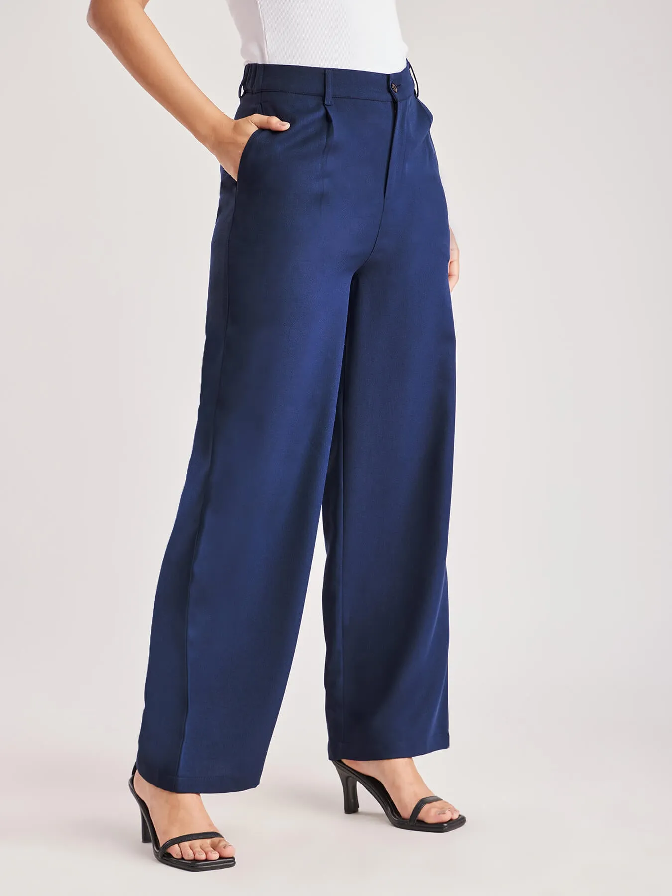 Wide Leg Trousers - Navy Blue