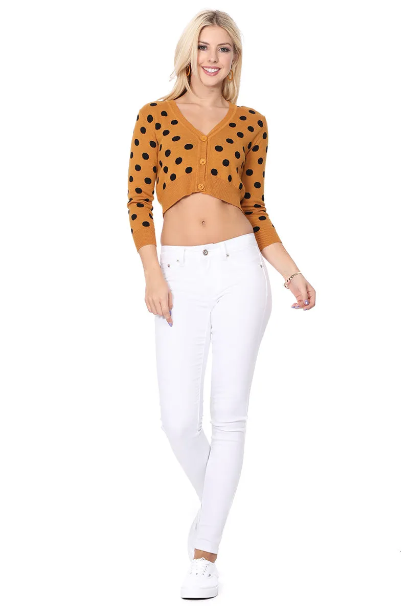 YEMAK Women's 3/4 Sleeve V-Neck Polka Dot Cropped Bolero Sweater Cardigan MK8213 (S-L)