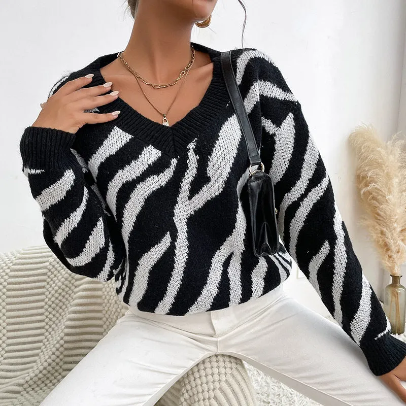 Zebra V-Neck Wholesale Casual Sweater For Women